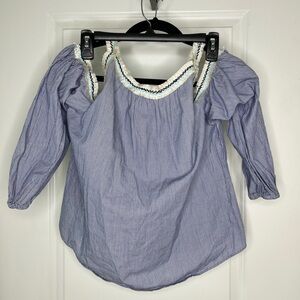 Living Doll Off-the-Shoulder Top Size 1 Blue White Stripe Fringe Trim Cotton
